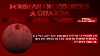 GUARDA
EXCLUSIVA
GUARDA
ALTERNADA
ANINHAMENTO OU
NIDAÇÃO
GUARDA
COMPARTILHADA
É a mais aceitável, para pais e filhos na medida em
que contempla os dois lados da mesma maneira,
evitando disputas.
 