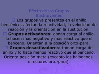 Efecto de los Grupos
Sustituyentes
Los grupos ya presentes en el anillo
bencénico, afectan la reactividad, la velocidad de
reacción y la orientación en la sustitución.
Grupos activadores: donan carga al anillo,
lo hacen más negativo y más reactivo que el
benceno. Orientan a la posición orto-para.
Grupos desactivadores: toman carga del
anillo y lo hace menos reactivo que el benceno.
Orienta posición meta (excepto los halógenos,
directores orto-para).
 