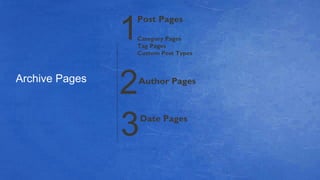 Post Pages
Category Pages
Tag Pages
Custom Post Types
Archive Pages
Date Pages
3
1
2Author Pages
 