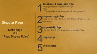 1
                        Custom Template File
                        The page template assigned to the page
                        <?php
                        /* Template Name: Whatever you call your template*/
                        ?>



                        2
                        page-{slug}.php
                        if you use the slug “ bananas” WordPress will look for page-
                        bananas.php
Singular Page

     Static page-
         aka            3
                        page-{id}.php
                        if the page ID is 4, Wordpress looks to use page-4.php


“ Page Display Rules”
                        4
                        page.php



                        5   index.php
 