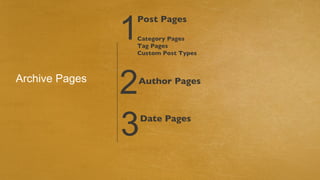 1
                Post Pages

                Category Pages
                Tag Pages
                Custom Post Types



Archive Pages
                2   Author Pages




                3   Date Pages
 