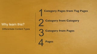 1
                              Category Pages from Tag Pages




Why learn this?               2   Category from Category




                              3
Differentiate Content Types
                                  Category from Pages




                              4   Pages
 