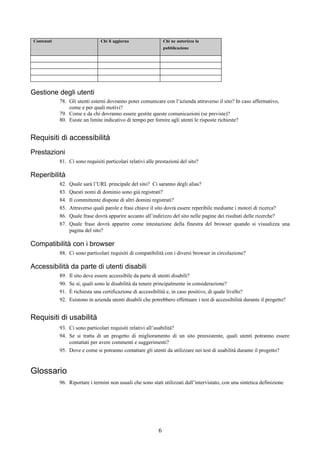 Contenuti                        Chi li aggiorna                 Chi ne autorizza la
                                                                  pubblicazione




Gestione degli utenti
             78. Gli utenti esterni dovranno poter comunicare con l’azienda attraverso il sito? In caso affermativo,
                 come e per quali motivi?
             79. Come e da chi dovranno essere gestite queste comunicazioni (se previste)?
             80. Esiste un limite indicativo di tempo per fornire agli utenti le risposte richieste?


Requisiti di accessibilità
Prestazioni
             81. Ci sono requisiti particolari relativi alle prestazioni del sito?

Reperibilità
             82.   Quale sarà l’URL principale del sito? Ci saranno degli alias?
             83.   Questi nomi di dominio sono già registrati?
             84.   Il committente dispone di altri domini registrati?
             85.   Attraverso quali parole e frasi chiave il sito dovrà essere reperibile mediante i motori di ricerca?
             86.   Quale frase dovrà apparire accanto all’indirizzo del sito nelle pagine dei risultati delle ricerche?
             87.   Quale frase dovrà apparire come intestazione della finestra del browser quando si visualizza una
                   pagina del sito?

Compatibilità con i browser
             88. Ci sono particolari requisiti di compatibilità con i diversi browser in circolazione?

Accessibilità da parte di utenti disabili
             89.   Il sito deve essere accessibile da parte di utenti disabili?
             90.   Se sì, quali sono le disabilità da tenere principalmente in considerazione?
             91.   È richiesta una certificazione di accessibilità e, in caso positivo, di quale livello?
             92.   Esistono in azienda utenti disabili che potrebbero effettuare i test di accessibilità durante il progetto?


Requisiti di usabilità
             93. Ci sono particolari requisiti relativi all’usabilità?
             94. Se si tratta di un progetto di miglioramento di un sito preesistente, quali utenti potranno essere
                 contattati per avere commenti e suggerimenti?
             95. Dove e come si potranno contattare gli utenti da utilizzare nei test di usabilità durante il progetto?



Glossario
             96. Riportare i termini non usuali che sono stati utilizzati dall’intervistato, con una sintetica definizione




                                                              6
 