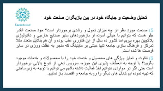 ‫خود‬ ‫صنعت‬ ‫بازیگران‬ ‫بین‬ ‫در‬ ‫خود‬ ‫جایگاه‬ ‫و‬ ‫وضعیت‬ ‫تحلیل‬
5
)
‫صنعت‬
‫مورد‬
‫نظر‬
‫از‬
‫چه‬
‫میزان‬
‫تحول‬
‫و‬
‫رشدی‬
‫برخوردار‬
‫است؟‬
‫خود‬
‫صنعت‬
‫آنقدر‬
‫جلو‬
‫هست‬
‫که‬
‫بتوانیم‬
‫با‬
‫خیالی‬
‫آسوده‬
‫از‬
‫بازخوردهای‬
‫سایر‬
‫صنایع‬
‫خارجی‬
‫و‬
‫تکنو‬
‫لوژی‬
‫بالکچین‬
‫بهره‬
‫ببریم‬
‫اما‬
‫کشور‬
‫ده‬
‫سال‬
‫از‬
‫این‬
‫فناوری‬
‫عقب‬
‫بوده‬
‫و‬
‫آن‬
‫هم‬
‫بدالیل‬
‫مت‬
‫عدد‬
‫مثال‬
‫تمرکز‬
‫و‬
‫فرهنگ‬
‫سازی‬
‫جامعه‬
‫تنها‬
‫مبتنی‬
‫بر‬
‫ماینینگ‬
‫که‬
‫منجر‬
‫به‬
‫غفلت‬
‫ورزی‬
‫د‬
‫ر‬
‫سایر‬
‫فرصت‬
‫ها‬
‫شده‬
‫است‬
.
6
)
‫تفاوت‬
‫و‬
‫تمایز‬
‫ویژگی‬
‫های‬
‫محصول‬
‫و‬
‫خدمت‬
‫خود‬
‫را‬
‫با‬
‫محصوالت‬
‫و‬
‫خدمات‬
‫موجود‬
‫بگویید؟‬
‫با‬
‫توجه‬
‫به‬
‫انعطاف‬
‫پذیری‬
‫این‬
،‫حوزه‬
‫سرویس‬
‫دهی‬
‫از‬
‫تنوع‬
‫باالیی‬
‫برخ‬
‫وردار‬
‫است‬
‫حتی‬
‫اگر‬
‫در‬
‫مواردی‬
‫نتوانیم‬
‫اخذ‬
‫فعالیت‬
‫داشته‬
‫باشیم‬
‫می‬
‫توانیم‬
‫با‬
‫توجه‬
‫ب‬
‫ه‬
‫زیرساختی‬
‫که‬
‫تهیه‬
‫نموده‬
‫ایم‬
‫کانال‬
‫های‬
‫دیگر‬
‫را‬
‫روبه‬
‫جامعه‬
‫و‬
‫اقتصاد‬
‫باز‬
‫نماییم‬
.
 