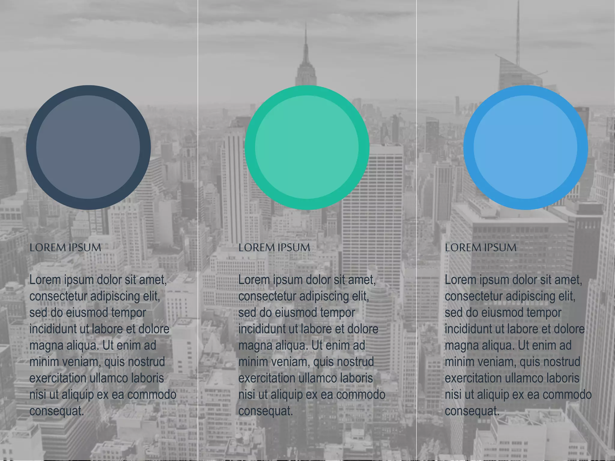 LOREM IPSUM
Lorem ipsum dolor sit amet,
consectetur adipiscing elit,
sed do eiusmod tempor
incididunt ut labore et dolore
magna aliqua. Ut enim ad
minim veniam, quis nostrud
exercitation ullamco laboris
nisi ut aliquip ex ea commodo
consequat.
LOREM IPSUM
Lorem ipsum dolor sit amet,
consectetur adipiscing elit,
sed do eiusmod tempor
incididunt ut labore et dolore
magna aliqua. Ut enim ad
minim veniam, quis nostrud
exercitation ullamco laboris
nisi ut aliquip ex ea commodo
consequat.
LOREM IPSUM
Lorem ipsum dolor sit amet,
consectetur adipiscing elit,
sed do eiusmod tempor
incididunt ut labore et dolore
magna aliqua. Ut enim ad
minim veniam, quis nostrud
exercitation ullamco laboris
nisi ut aliquip ex ea commodo
consequat.
 