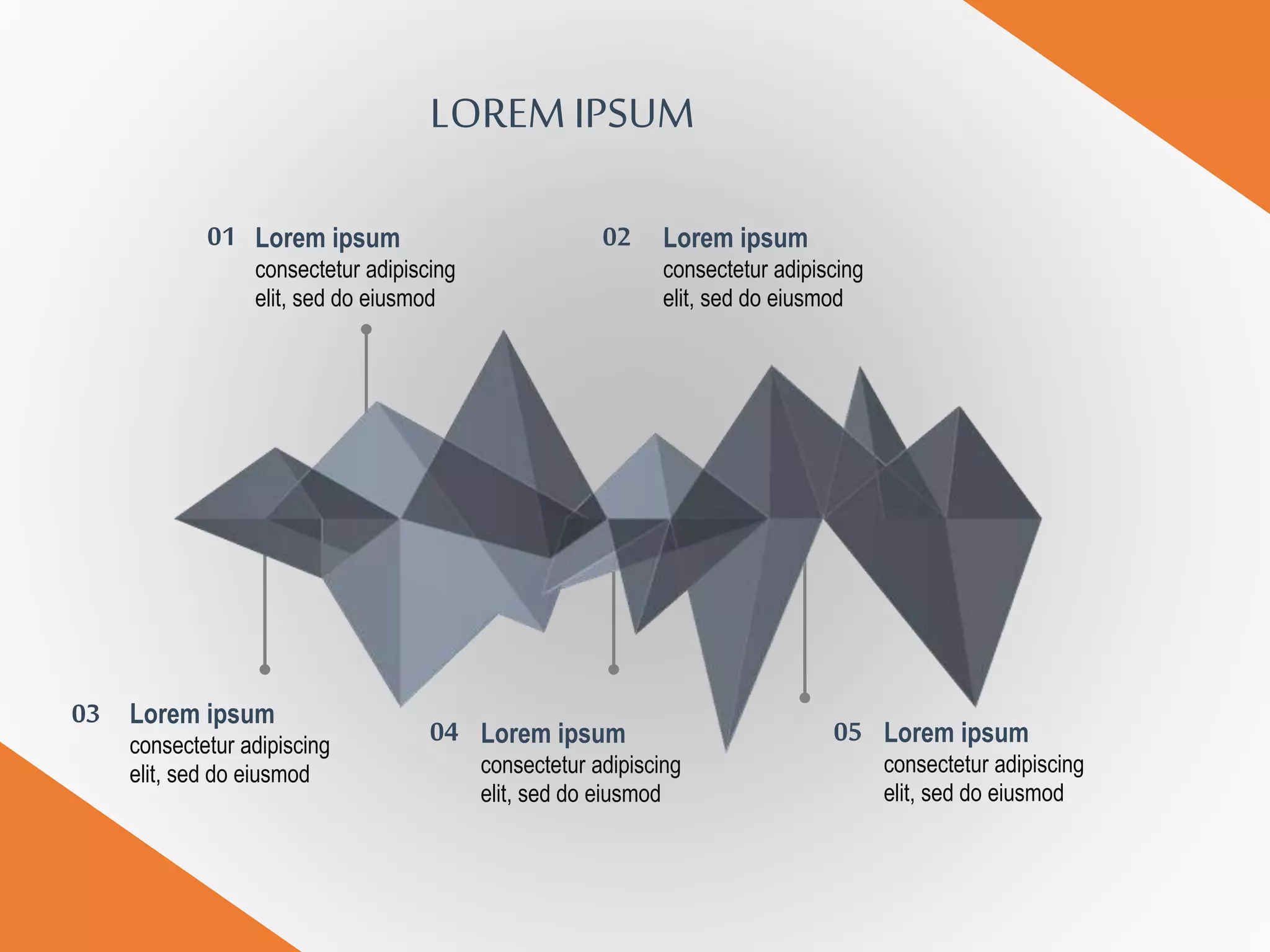 LOREMIPSUM
01 02
03
04 05
Lorem ipsum
consectetur adipiscing
elit, sed do eiusmod
Lorem ipsum
consectetur adipiscing
elit, sed do eiusmod
Lorem ipsum
consectetur adipiscing
elit, sed do eiusmod
Lorem ipsum
consectetur adipiscing
elit, sed do eiusmod
Lorem ipsum
consectetur adipiscing
elit, sed do eiusmod
 