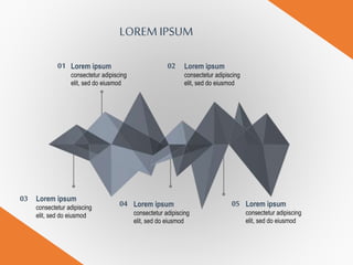 LOREMIPSUM
01 02
03
04 05
Lorem ipsum
consectetur adipiscing
elit, sed do eiusmod
Lorem ipsum
consectetur adipiscing
elit, sed do eiusmod
Lorem ipsum
consectetur adipiscing
elit, sed do eiusmod
Lorem ipsum
consectetur adipiscing
elit, sed do eiusmod
Lorem ipsum
consectetur adipiscing
elit, sed do eiusmod
 