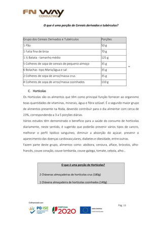 Pág. 11
O que é uma porção de Cereais derivados e tubérculos?
~
C. Hortícolas
Os Hortícolas são os alimentos que têm como principal função fornecer ao organismo
boas quantidades de vitaminas, minerais, água e fibra solúvel. É o segundo maior grupo
de alimentos presente na Roda, devendo contribuir para o dia alimentar com cerca de
23%, correspondendo a 3 a 5 porções diárias.
Vários estudos têm demonstrado o benefício para a saúde do consumo de hortícolas
diariamente, neste sentido, é sugerido que poderão prevenir vários tipos de cancro,
melhorar o perfil lipídico sanguíneo, diminuir a absorção do açúcar, prevenir o
aparecimento das doenças cardiovasculares, diabetes e obesidade, entre outras.
Fazem parte deste grupo, alimentos como: abóbora, cenoura, alface, brócolos, alho-
francês, couve coração, couve lombarda, couve-galega, tomate, cebola, alho…
Grupo dos Cereais Derivados e Tubérculos Porções
1 Pão 50 g
1 Fatia fina de broa 70 g
1 ½ Batata - tamanho médio 125 g
5 Colheres de sopa de cereais de pequeno-almoço 35 g
6 Bolachas -tipo Maria/água e sal 35 g
2 Colheres de sopa de arroz/massa crus 35 g
4 Colheres de sopa de arroz/massa cozinhados 110 g
O que é uma porção de Hortícolas?
2 Chávenas almoçadeiras de hortícolas crus (180g)
1 Chávena almoçadeira de hortícolas cozinhados (140g)
 