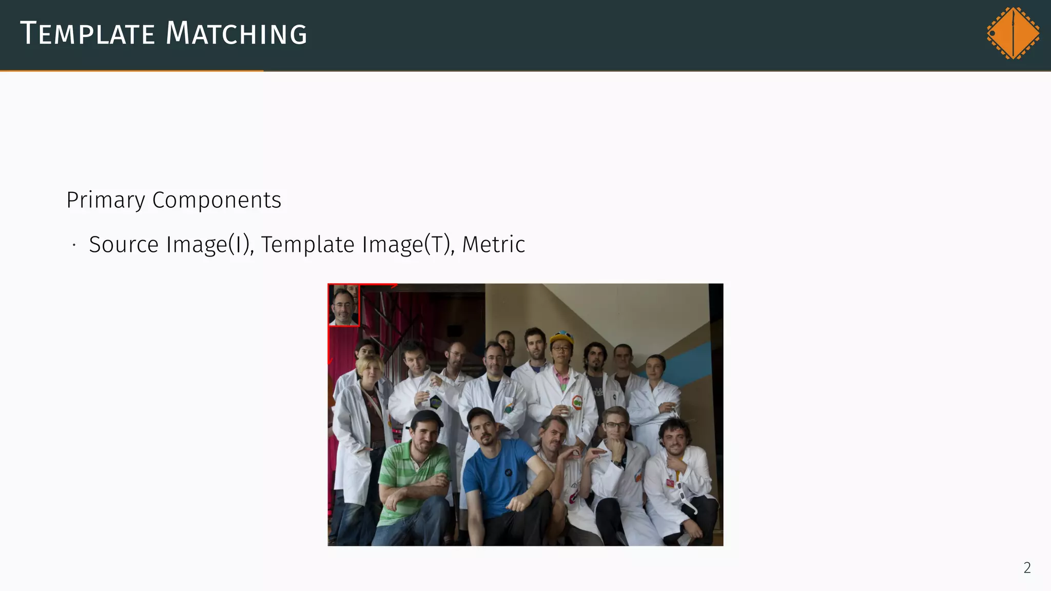 Template Matching
Primary Components
∙ Source Image(I), Template Image(T), Metric
2
 