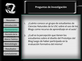 Resumen Introducción Planteamiento del Problema Marco Teórico Metodología Resultados Conclusiones Preguntas de investigación ¿Cuánto conoce un grupo de estudiantes de Ciencias Naturales de la USC sobre el uso de los Blogs como recurso de aprendizaje en el aula? ¿Cuál es la percepción que tienen los estudiantes sobre el diseño del Prototipo del Blog luego de haber participado en la evaluación formativa del mismo? Revisión de la Literatura 