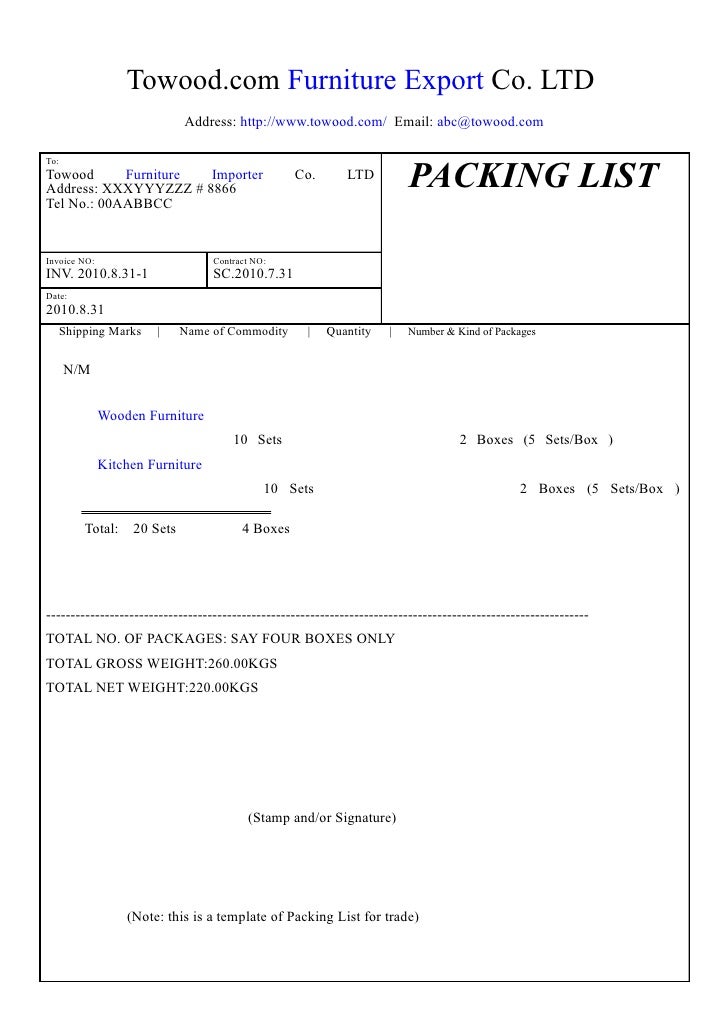 Template of packing list for trade, export, import