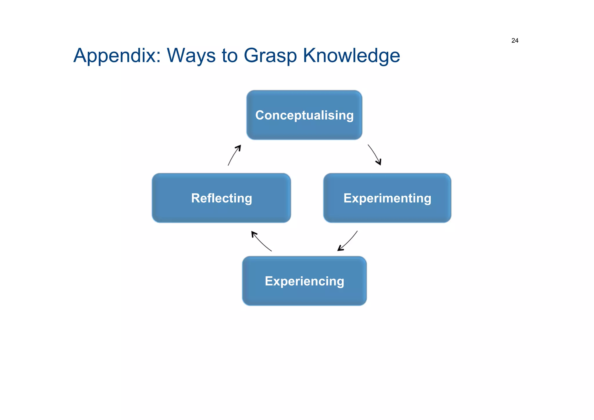 Appendix: Ways to Grasp Knowledge
24
Conceptualising
Experimenting
Experiencing
Reflecting
 