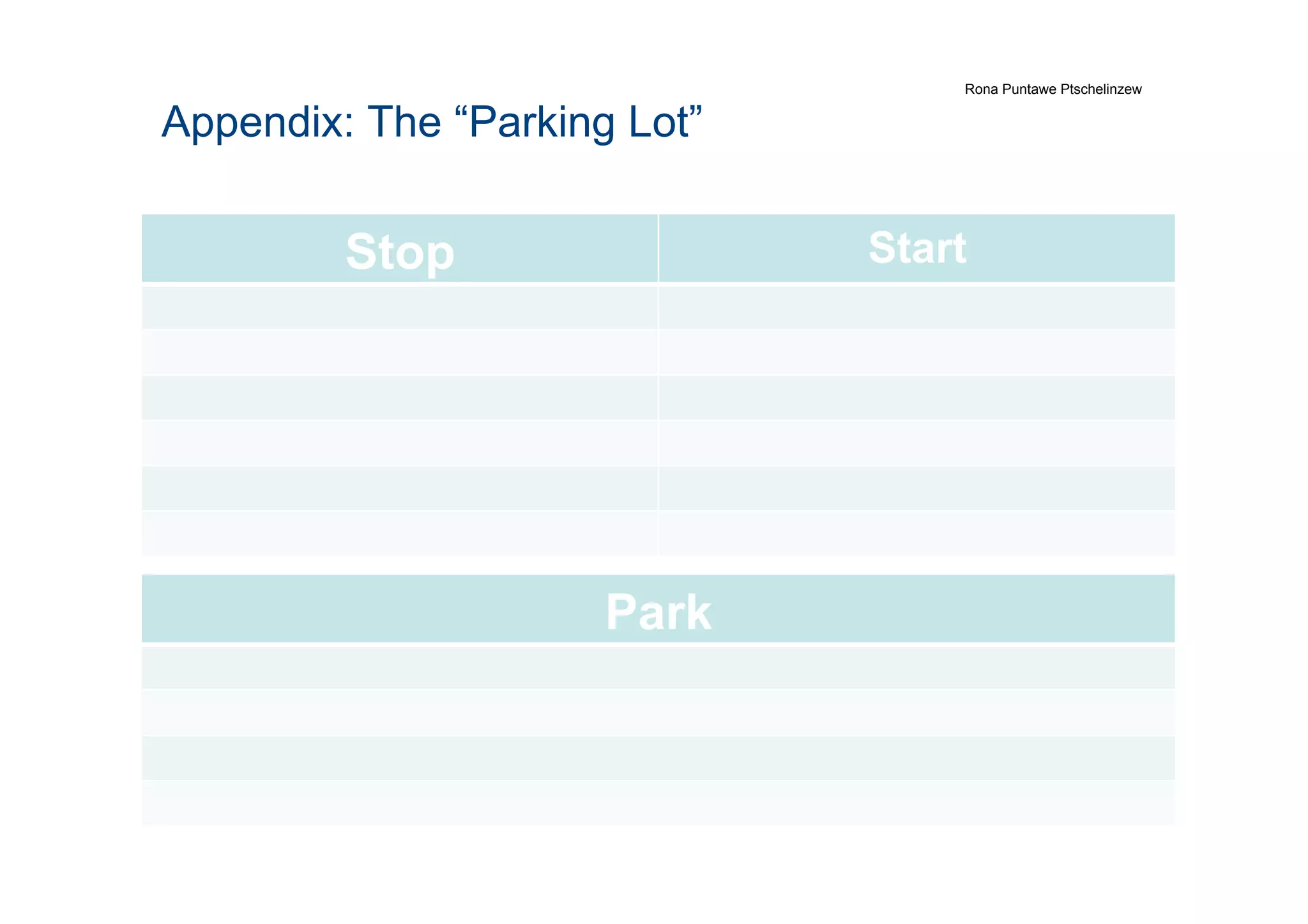 Appendix: The “Parking Lot”
Stop Start
Park
Rona Puntawe Ptschelinzew
 