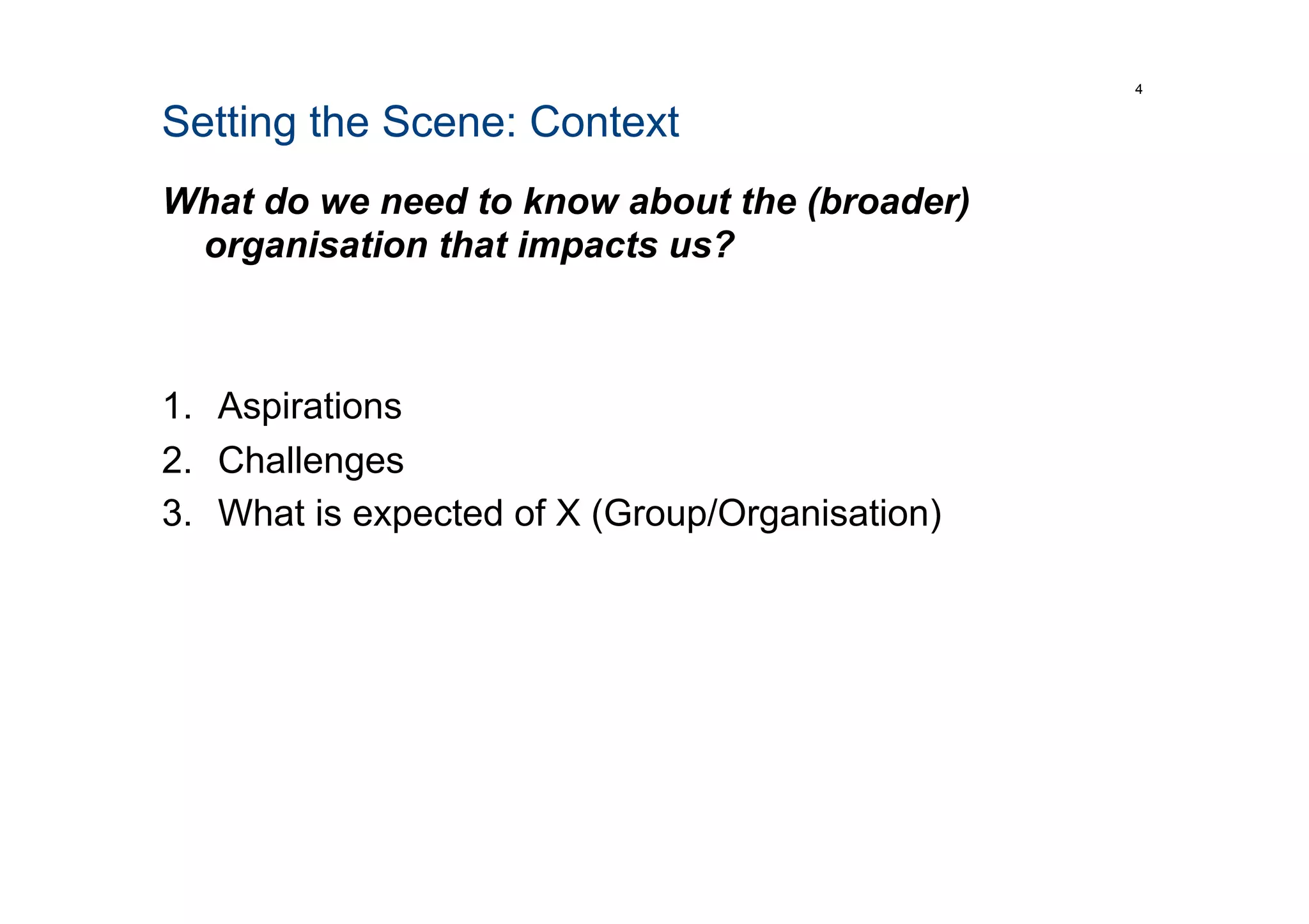 Setting the Scene: Context
What do we need to know about the (broader)
organisation that impacts us?
1.  Aspirations
2.  Challenges
3.  What is expected of X (Group/Organisation)
4
 