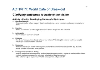 ACTIVITY: World Café or Break-out
Clarifying outcomes to achieve the vision
14
Activity - Clarity: Developing Successful Outcomes
1.  Outcome/Objective
What would you like to have happen? State in positive terms, e.g. not a problem avoidance or remedy, but a
desire.
2.  Intention
What is your intention for achieving that outcome? What is deeper than that outcome?
3.  Achievability
Has the outcome been done before?
4.  Evidence
How do you know you have already achieved your outcome? What tangible evidence would you accept to
indicate you have achieved the outcome?
5.  Resources
What resources do you need to achieve your outcome? Be as comprehensive as possible. E.g. $$, skills,
people, mindset, commitment, time, tools, etc.
6.  Consequences and Future Pacing
What are the impacts or consequences of having achieved your outcome? Consider all stakeholders or parties
involved. Are those consequences or impacts acceptable to all parties involved?
If the outcome is given to you now, with all its consequences, will you take it?
 