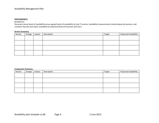Availability Management Plan



PERFORMANCE:
(Guidelines)
Document actual levels of availability versus agreed levels of availability for key IT services. Availability measurements should always be business- and
customer-focused and report availability as experienced by the business and users.

Service Summary
 Service    Outage       Impact     Description                                                                 Target              Projected Availability




Component Summary
 Service   Outage Impact            Description                                                                 Target              Projected Availability




Availability plan template v1.00                  Page 4                                      2 June 2012
 