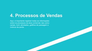 4. Processos de Vendas
Aqui, é importante registrar todas as informações
sobre os processos da área comercial, tais como:
canais, funil, atividades, gatilhos de passagem e
motivos de perda.
 
