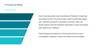 Funil de Vendas
4. Processo de Vendas
Essa é uma das partes mais importantes do Playbook: A descrição
das etapas do funil. O funil de Vendas mostra as diferentes etapas
que o lead deve percorrer no processo comercial. Cada uma
dessas etapas possuem atividades específicas a serem executadas
para atingirmos os objetivos.
Cada Empresa deve desenhar o funil de acordo com as suas
necessidades, podendo o mesmo ter muitas ou poucas etapas.
 