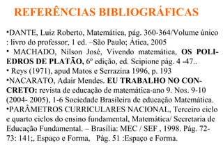 •DANTE, Luiz Roberto, Matemática, pág. 360-364/Volume único
: livro do professor, 1 ed. –São Paulo; Ática, 2005
• MACHADO, Nilson José, Vivendo matemática, OS POLI-
EDROS DE PLATÃO, 6º edição, ed. Scipione pág. 4 -47..
• Reys (1971), apud Matos e Serrazina 1996, p. 193
•NACARATO, Adair Mendes. EU TRABALHO NO CON-
CRETO: revista de educação de matemática-ano 9. Nos. 9-10
(2004- 2005), 1-6 Sociedade Brasileira de educação Matemática.
•PARÂMETROS CURRICULARES NACIONAL, Terceiro ciclo
e quarto ciclos do ensino fundamental, Matemática/ Secretaria de
Educação Fundamental. – Brasília: MEC / SEF , 1998. Pág. 72-
73: 141;, Espaço e Forma, Pág. 51 :Espaço e Forma..
REFERÊNCIAS BIBLIOGRÁFICAS
 