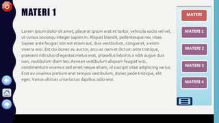 MATERI
MATERI 1
MATERI 2
MATERI 3
MATERI 4
MATERI 1
Lorem ipsum dolor sit amet, placerat ipsum erat et tortor, vehicula sociis vel vel,
ut cursus sociosqu integer sapien in.Aliquet blandit, pellentesque nec vitae.
Sapien ante feugiat non est etiam aut, duis vestibulum, congue et, a enim
viverra wisi. Est dui donec eu auctor, arcu ac nam et dictum ante tristique,
praesent ridiculus id egestas metus erat, phasellus lobortis a nibh augue duis
non, vestibulum diam leo.Aenean vestibulum aliquam feugiat wisi,
condimentum vivamus sed amet neque etiam, id suscipit vitae adipiscing varius.
Erat eu vivamus pretium erat tempus vestibulum, donec pede tristique, elit
eget.Varius ultrices urna luctus dapibus odio wisi.
 