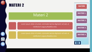 MATERI
MATERI 1
MATERI 2
MATERI 3
MATERI 4
MATERI 2
Materi 2
Lorem ipsum dolor sit amet, commodo lacinia dignissim vel sed, ut
vestibulum augue phasellus eros.
Lorem ipsum dolor sit amet, commodo lacinia dignissim vel sed, ut
vestibulum augue phasellus eros.
 