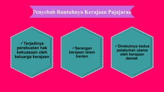 Penyebab Runtuhnya Kerajaan Pajajaran
Terjadinya
perebuatan hak
kekuasaan oleh
keluarga kerajaan
Serangan
kerajaan islam
banten
Direbutnya kedua
pelabuhan utama
oleh kerajaan
demak
 