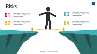 Risks
www.yourwebsite.com
Lorem Ipsum is simply dummy
text of the printing and
typesetting industry.
01
Lorem Ipsum is simply dummy
text of the printing and
typesetting industry.
02
Lorem Ipsum is simply dummy
text of the printing and
typesetting industry.
04
Lorem Ipsum is simply dummy
text of the printing and
typesetting industry.
03
1
 