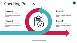 www.yourwebsite.com
Checking Process 1
Lorem Ipsum is simply dummy
text of the printing and typesetting
industry.
Phase A
Lorem Ipsum is simply dummy
text of the printing and typesetting
industry.
Phase B
Lorem Ipsum is simply dummy
text of the printing and typesetting
industry.
Phase C
Lorem Ipsum is simply dummy
text of the printing and typesetting
industry.
Phase D
 