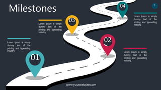 Milestones
01
02
03
04
Lorem Ipsum is simply
dummy text of the
printing and typesetting
industry.
Lorem Ipsum is simply
dummy text of the
printing and typesetting
industry.
Lorem Ipsum is simply
dummy text of the
printing and typesetting
industry.
Lorem Ipsum is simply
dummy text of the
printing and typesetting
industry.
www.yourwebsite.com
1
 