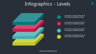 www.yourwebsite.com
1
Infographics - Levels
Lorem Ipsum is simply dummy text of
the printing and typesetting industry.
1
2
4
Lorem Ipsum is simply dummy text of
the printing and typesetting industry.
Lorem Ipsum is simply dummy text of
the printing and typesetting industry.
3
Lorem Ipsum is simply dummy text of
the printing and typesetting industry.
 