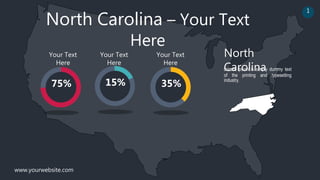 North Carolina – Your Text
Here
Lorem Ipsum is simply dummy text
of the printing and typesetting
industry.
North
Carolina
Your Text
Here
Your Text
Here
75% 15% 35%
Your Text
Here
www.yourwebsite.com
1
 
