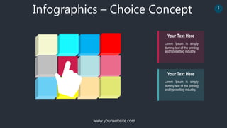 www.yourwebsite.com
1
Infographics – Choice Concept
Lorem Ipsum is simply
dummy text of the printing
and typesetting industry.
Your Text Here
Lorem Ipsum is simply
dummy text of the printing
and typesetting industry.
Your Text Here
 