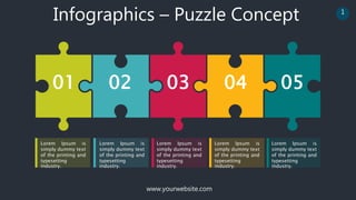 www.yourwebsite.com
1
Infographics – Puzzle Concept
01 02 03 04 05
Lorem Ipsum is
simply dummy text
of the printing and
typesetting
industry.
Lorem Ipsum is
simply dummy text
of the printing and
typesetting
industry.
Lorem Ipsum is
simply dummy text
of the printing and
typesetting
industry.
Lorem Ipsum is
simply dummy text
of the printing and
typesetting
industry.
Lorem Ipsum is
simply dummy text
of the printing and
typesetting
industry.
 