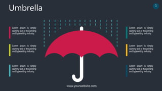 www.yourwebsite.com
Umbrella 1
Lorem Ipsum is simply
dummy text of the printing
and typesetting industry.
Lorem Ipsum is simply
dummy text of the printing
and typesetting industry.
Lorem Ipsum is simply
dummy text of the printing
and typesetting industry.
Lorem Ipsum is simply
dummy text of the printing
and typesetting industry.
Lorem Ipsum is simply
dummy text of the printing
and typesetting industry.
Lorem Ipsum is simply
dummy text of the printing
and typesetting industry.
 