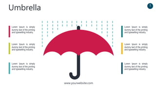www.yourwebsite.com
Umbrella 1
Lorem Ipsum is simply
dummy text of the printing
and typesetting industry.
Lorem Ipsum is simply
dummy text of the printing
and typesetting industry.
Lorem Ipsum is simply
dummy text of the printing
and typesetting industry.
Lorem Ipsum is simply
dummy text of the printing
and typesetting industry.
Lorem Ipsum is simply
dummy text of the printing
and typesetting industry.
Lorem Ipsum is simply
dummy text of the printing
and typesetting industry.
 