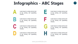 www.yourwebsite.com
2
Infographics - ABC Stages
Lorem Ipsum is simply dummy text
of the printing and typesetting
industry.
A
Lorem Ipsum is simply dummy text
of the printing and typesetting
industry.
B
Lorem Ipsum is simply dummy text
of the printing and typesetting
industry.
C
Lorem Ipsum is simply dummy text
of the printing and typesetting
industry.
D
Lorem Ipsum is simply dummy text
of the printing and typesetting
industry.
E
Lorem Ipsum is simply dummy text
of the printing and typesetting
industry.
F
Lorem Ipsum is simply dummy text
of the printing and typesetting
industry.
G
Lorem Ipsum is simply dummy text
of the printing and typesetting
industry.
H
 