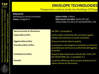 UniversitàdegliStudidiFirenze–DipartimentodiArchitettura(DIDA)
LaboratoriodiProgettazionedeiSistemiCostruttivi–AA2012/2013
TxPResearchUniFi–www.txpresearch.wordpress.com
ENVELOPE TECHNOLOGIES
Tamponatura esterna Jendy Joss Buildings CE75cap
Norme tecniche di riferimento EN 1991 - Eurocodice 1
Scopo della verifica Verifica della conformità alle normative vigenti
relative alla resistenza a carichi orizzontali
Oggetto della verifica Chiusure verticali esterne opache
Procedura della verifica La procedura sarà eseguita a campione su elementi
assemblati per verificare la conformità dell'oggetto
di verifica
Condizioni di verifica Rispetto delle disposizioni indicate dal D.M.LL.PP.
Del 16/01/1996, par. 5, prospetto 5.1
Risultati La verifica effettuata dovrà essere conforme con il
valore minimo di riferimento.
 