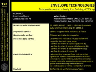 UniversitàdegliStudidiFirenze–DipartimentodiArchitettura(DIDA)
LaboratoriodiProgettazionedeiSistemiCostruttivi–AA2012/2013
TxPResearchUniFi–www.txpresearch.wordpress.com
ENVELOPE TECHNOLOGIES
Tamponatura esterna Jendy Joss Buildings CE75cap
Norme tecniche di riferimento EN 13823; EN ISO 11925-2; UNI 9502 (revisione
della UNI 9502:1989); UNI EN 13501-5
Scopo della verifica Verifica in opera della resistenza al fuoco
Oggetto della verifica Chiusure verticali esterne opache
Procedura della verifica La veriﬁca della resistenza al fuoco di elementi
costruttivi si articola come segue:
- Veriﬁca del criterio di capacità portante (R).
- Veriﬁca dei criteri di tenuta ed isolamento (EI).
- Veriﬁca del criterio di isolamento termico (I)
- Veriﬁca del criterio di tenuta (E)
Condizioni di verifica L'elemento deve essere veriﬁcato nelle sue sezioni
signiﬁcative, tenendo conto delle sezioni di massima
sollecitazione assiale, ﬂettente, tagliante e composta e
tenendo conto delle sezioni di massimo riscaldamento; in
genere la veriﬁca va eseguita nelle sezioni in
cui è stata eseguita la veriﬁca a temperatura ordinaria.
Risultati Conformità alle verifiche in corso d’opera
 