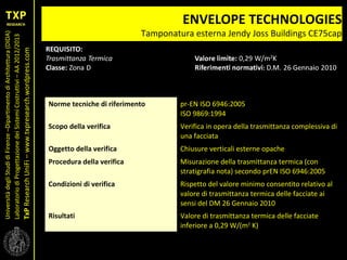 UniversitàdegliStudidiFirenze–DipartimentodiArchitettura(DIDA)
LaboratoriodiProgettazionedeiSistemiCostruttivi–AA2012/2013
TxPResearchUniFi–www.txpresearch.wordpress.com
ENVELOPE TECHNOLOGIES
Tamponatura esterna Jendy Joss Buildings CE75cap
Norme tecniche di riferimento pr-EN ISO 6946:2005
ISO 9869:1994
Scopo della verifica Verifica in opera della trasmittanza complessiva di
una facciata
Oggetto della verifica Chiusure verticali esterne opache
Procedura della verifica Misurazione della trasmittanza termica (con
stratigrafia nota) secondo prEN ISO 6946:2005
Condizioni di verifica Rispetto del valore minimo consentito relativo al
valore di trasmittanza termica delle facciate ai
sensi del DM 26 Gennaio 2010
Risultati Valore di trasmittanza termica delle facciate
inferiore a 0,29 W/(m2
K)
 