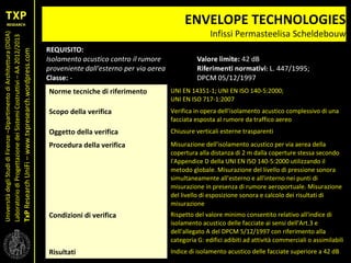 UniversitàdegliStudidiFirenze–DipartimentodiArchitettura(DIDA)
LaboratoriodiProgettazionedeiSistemiCostruttivi–AA2012/2013
TxPResearchUniFi–www.txpresearch.wordpress.com
ENVELOPE TECHNOLOGIES
Infissi Permasteelisa Scheldebouw
Norme tecniche di riferimento UNI EN 14351-1; UNI EN ISO 140-5:2000;
UNI EN ISO 717-1:2007
Scopo della verifica Verifica in opera dell'isolamento acustico complessivo di una
facciata esposta al rumore da traffico aereo
Oggetto della verifica Chiusure verticali esterne trasparenti
Procedura della verifica Misurazione dell'isolamento acustico per via aerea della
copertura alla distanza di 2 m dalla coperture stessa secondo
l'Appendice D della UNI EN ISO 140-5:2000 utilizzando il
metodo globale. Misurazione del livello di pressione sonora
simultaneamente all'esterno e all'interno nei punti di
misurazione in presenza di rumore aeroportuale. Misurazione
del livello di esposizione sonora e calcolo dei risultati di
misurazione
Condizioni di verifica Rispetto del valore minimo consentito relativo all'indice di
isolamento acustico delle facciate ai sensi dell'Art.3 e
dell'allegato A del DPCM 5/12/1997 con riferimento alla
categoria G: edifici adibiti ad attività commerciali o assimilabili
Risultati Indice di isolamento acustico delle facciate superiore a 42 dB
 