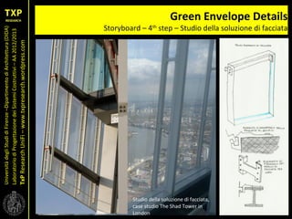 UniversitàdegliStudidiFirenze–DipartimentodiArchitettura(DIDA)
LaboratoriodiProgettazionedeiSistemiCostruttivi–AA2012/2013
TxPResearchUniFi–www.txpresearch.wordpress.com
Green Envelope Details
Storyboard – 4th
step – Studio della soluzione di facciata
Studio della soluzione di facciata,
case studio The Shad Tower in
London
 