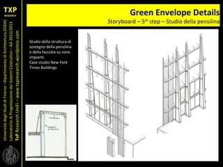 UniversitàdegliStudidiFirenze–DipartimentodiArchitettura(DIDA)
LaboratoriodiProgettazionedeiSistemiCostruttivi–AA2012/2013
TxPResearchUniFi–www.txpresearch.wordpress.com
Green Envelope Details
Storyboard – 5th
step – Studio della pensilina
Studio della struttura di
sostegno della pensilina
e della facciata su zona
impianti.
Case studio New York
Times Buildings
 