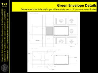 UniversitàdegliStudidiFirenze–DipartimentodiArchitettura(DIDA)
LaboratoriodiProgettazionedeiSistemiCostruttivi–AA2012/2013
TxPResearchUniFi–www.txpresearch.wordpress.com
Green Envelope Details
Sezione orizzontale della pensilina (vista verso il basso e verso l’alto)
 