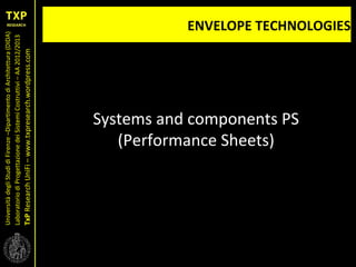 UniversitàdegliStudidiFirenze–DipartimentodiArchitettura(DIDA)
LaboratoriodiProgettazionedeiSistemiCostruttivi–AA2012/2013
TxPResearchUniFi–www.txpresearch.wordpress.com ENVELOPE TECHNOLOGIES
Systems and components PS
(Performance Sheets)
 