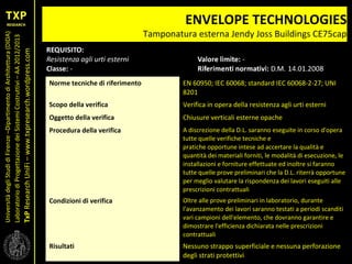 UniversitàdegliStudidiFirenze–DipartimentodiArchitettura(DIDA)
LaboratoriodiProgettazionedeiSistemiCostruttivi–AA2012/2013
TxPResearchUniFi–www.txpresearch.wordpress.com
ENVELOPE TECHNOLOGIES
Tamponatura esterna Jendy Joss Buildings CE75cap
Norme tecniche di riferimento EN 60950; IEC 60068; standard IEC 60068-2-27; UNI
8201
Scopo della verifica Verifica in opera della resistenza agli urti esterni
Oggetto della verifica Chiusure verticali esterne opache
Procedura della verifica A discrezione della D.L. saranno eseguite in corso d'opera
tutte quelle verifiche tecniche e
pratiche opportune intese ad accertare la qualità e
quantità dei materiali forniti, le modalità di esecuzione, le
installazioni e forniture effettuate ed inoltre si faranno
tutte quelle prove preliminari che la D.L. riterrà opportune
per meglio valutare la rispondenza dei lavori eseguiti alle
prescrizioni contrattuali
Condizioni di verifica Oltre alle prove preliminari in laboratorio, durante
l'avanzamento dei lavori saranno testati a periodi scanditi
vari campioni dell'elemento, che dovranno garantire e
dimostrare l'efficienza dichiarata nelle prescrizioni
contrattuali
Risultati Nessuno strappo superficiale e nessuna perforazione
degli strati protettivi
 