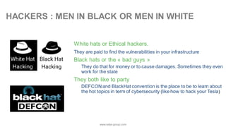 www.nalys-group.com
HACKERS : MEN IN BLACK OR MEN IN WHITE
White hats or Ethical hackers.
They are paid to find the vulnerabilities in your infrastructure
Black hats or the « bad guys »
They do that for money or to cause damages. Sometimes they even
work for the state
They both like to party
DEFCON and BlackHat convention is the place to be to learn about
the hot topics in term of cybersecurity (like how to hack your Tesla)
 