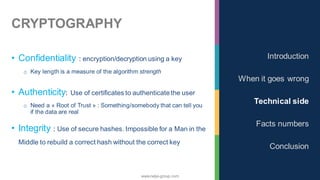 www.nalys-group.com
CRYPTOGRAPHY
• Confidentiality : encryption/decryption using a key
o Key length is a measure of the algorithm strength
• Authenticity: Use of certificates to authenticatethe user
o Need a « Root of Trust » : Something/somebody that can tell you
if the data are real
• Integrity : Use of secure hashes. Impossible for a Man in the
Middle to rebuild a correct hash without the correct key
Introduction
When it goes wrong
Technical side
Facts numbers
Conclusion
 