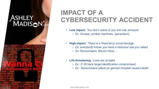 www.nalys-group.com
IMPACT OF A
CYBERSECURITY ACCIDENT
• Low impact : You don’t notice or you are only annoyed
o Ex: Viruses, zombie machines (parasitism)
• High impact : There is a financial or social damage
o Ex: everybody knows you have a mistress/ see you naked
o Ex: Ransomware, Bitcoin Heist…
• Life threatening : Lives are at stake
o Ex : F-35 hack target identification compromised
o Ex : Ransomware attack on german hospital caused death
 