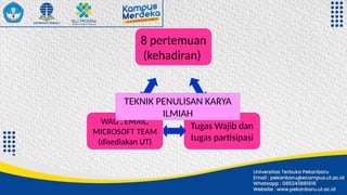 8 pertemuan
(kehadiran)
Tugas Wajib dan
tugas partisipasi
WAG , EMAIL,
MICROSOFT TEAM
(disediakan UT)
TEKNIK PENULISAN KARYA
ILMIAH
 