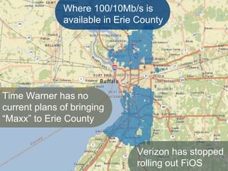 Where 100/10Mb/s is
available in Erie County
Time Warner has no
current plans of bringing
“Maxx” to Erie County
Verizon has stopped
rolling out FiOS
 
